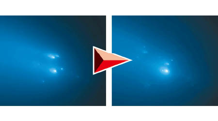阿特拉斯彗星（左）逐漸變暗並崩解（右）。