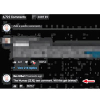 有網民在影片下方留言「五毛」（箭嘴示），測試會否遭自動刪除。