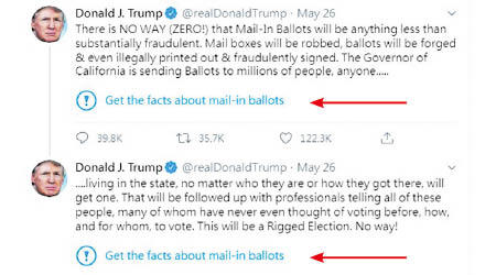 Twitter在特朗普的貼文附加「事實查核」連結（箭嘴示）。