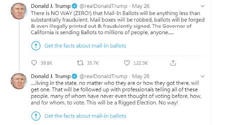 Twitter在特朗普的貼文加上「事實查核」連結。