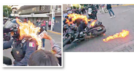 有人向警員淋易燃液體（左圖）。警員身體着火後，連人帶車跌在地（右圖）。