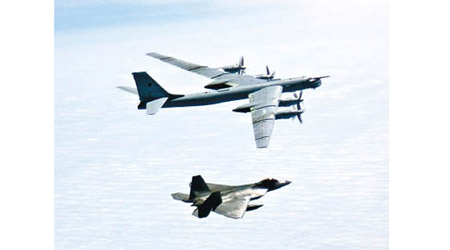 F22（下）攔截圖95戰略轟炸機（上）。