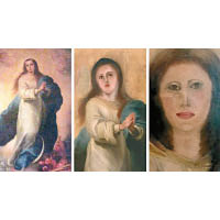 畫中的聖母（左一）清潔後變得面目全非（中、右一）。