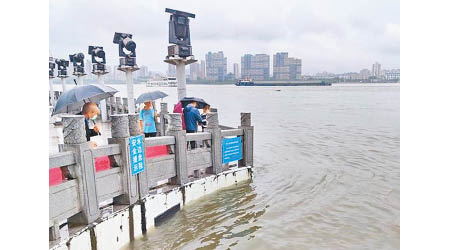 武漢：市民冒雨觀看漢江上漲的洪水。