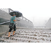上海：受暴雨影響，上海外灘亦水浸，市民涉水而行。（中新社圖片）