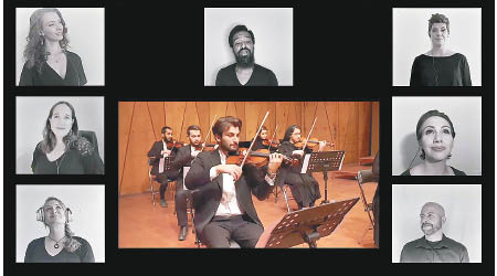 兩地音樂家透過視訊程式合奏歌劇，圖為影片畫面。