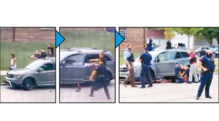 左至右圖：警員槍指布萊克（白衫）然後開槍，布萊克隨即倒下。