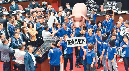 國民黨立委抬巨型豬公仔入場表達不滿。