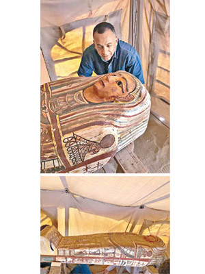 出土的古棺滿布精美古埃及圖案（上圖），而所有古棺都全部保存完好（下圖）。（美聯社圖片）