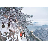 遊客提早在洛陽欒川縣道老君山賞雪。