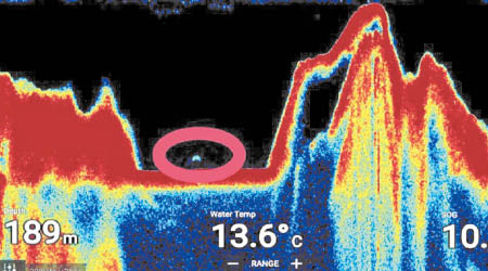 聲納圖顯示湖底下有巨物（紅圈示）。