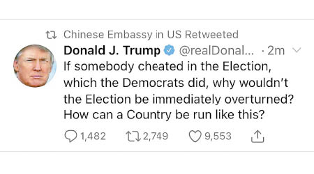 中國駐美國大使館Twitter轉發特朗普貼文。