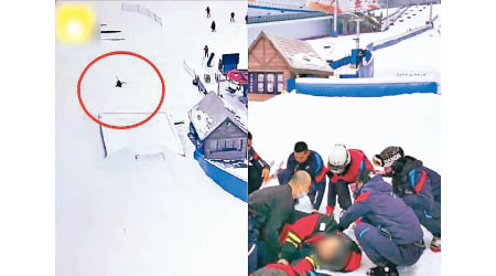 死者飛離滑雪降落點（左圖），救護人員到場施救（右圖）。