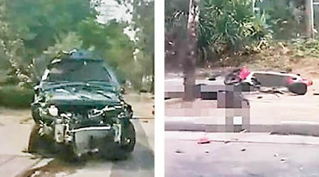 汽車車頭損毀（左圖），死傷者倒臥在地（右圖）。