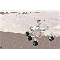 影片模擬堅毅號在火星表面試駛（左、右圖）。