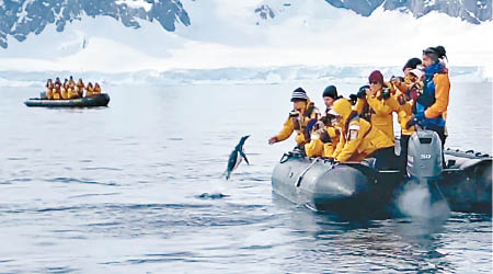 企鵝嘗試跳上橡皮艇。