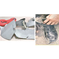 當局在墾丁發現機師皮鞋（右圖）及戰機殘骸（左圖）。