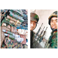 左圖為克欽獨立軍展示從國防軍繳獲的炮彈。右圖為他們與繳獲的警方步槍合照。