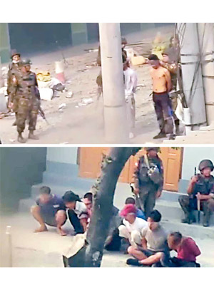 有示威者被軍警扣押（上圖），另有人雙手被綁坐在地上（下圖）。