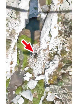救援人員在峽谷小溪處發現努爾（箭嘴示）。