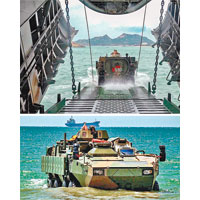 兩棲輪式裝甲車駛離塢艙（上圖），展開水上駕駛（下圖）。