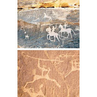 沙特阿拉伯：沙特阿拉伯希馬文化區有規模龐大的岩畫（上、下圖）。