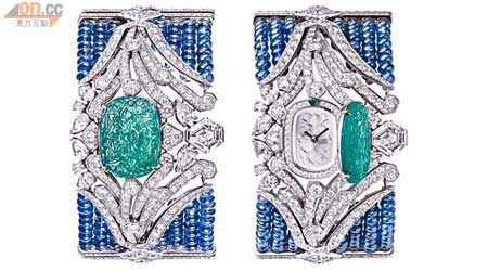鉑金鑲祖母綠、藍寶石及鑽石腕錶。