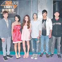 陳偉霆（左起）、詩雅、溫碧霞、曾國祥、徐偉棟及導演陳翊恒為電影《紮職》宣傳。