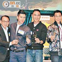 楊受成（左起）一日走兩場，與陳家樂、阮經天、彭于晏、導演林超賢出席宣傳新片。