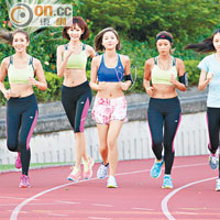 （左起）：Jessica、Aka、Heidi、Cheronna、Yanny<br>Super Girls參加馬拉松挑戰自己，保持恒常練習。
