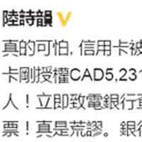 陸詩韻昨日在微博表示遭不法之徒盜用信用卡，獲多位網友留言安慰。