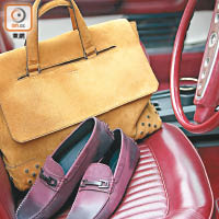 男裝淺啡色Envelope Bag，及棗紅色Leo Clamp Gommino鞋履，是潮人今季必備之選。
