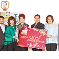 大航假期董事總經理及主席陳燕萍（右二）將「超級貴賓通行證」送給一眾演員。