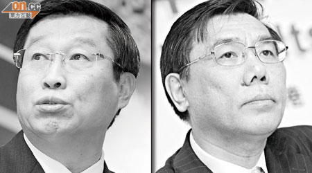 建行及工行首季盈利遜預期。左為建行董事長王洪章，右為工行董事長姜建清。
