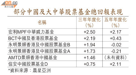 部分中國及大中華股票基金總回報表現