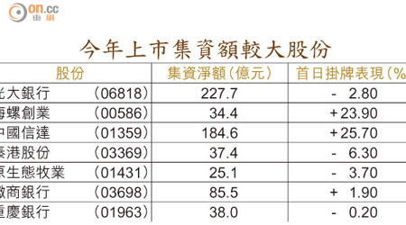 今年上市集資額較大股份