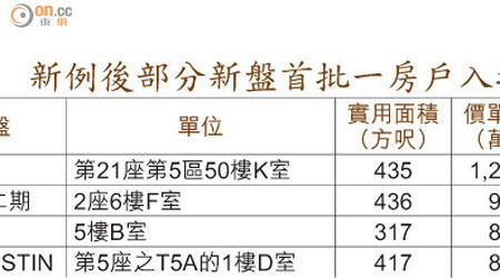 新例後部分新盤首批一房戶入場費