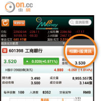 滬股報價版內有「相關H股報價」快捷鍵