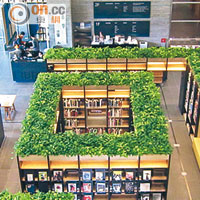 從圖書館二樓向下望，可清楚看到書架頂部由綠葉砌出的「迷宮」。