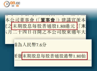 國美通告顯示派發末期息每股1.8港元（上圖），但據其股東大會投票結果為1.8港仙（下圖）。