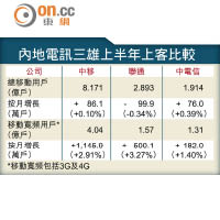 內地電訊三雄上半年上客比較