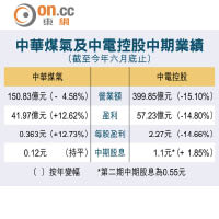 中華煤氣及中電控股中期業績 （截至六月底）