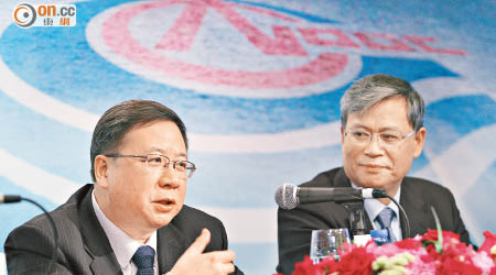 中海油楊華（左）表示，今年中期派息水平仍是依據公司股息政策。（羅錦鴻攝）