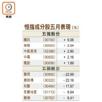 恒指成分股五月表現（%）