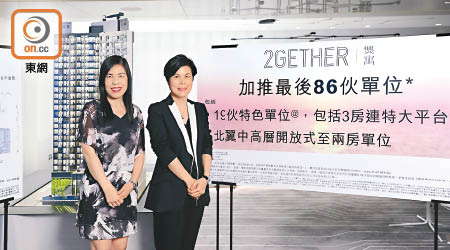 香港興業史慕蘭（右）稱，（隻隻）寓本周六開售全數222伙，折實市值約11.5億元。左為銷售及市務助理總經理陳秀珍。