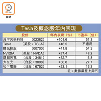 Tesla及概念股年內表現