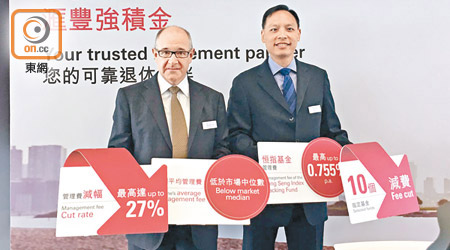 滙豐葉士奇（右）表示，下月起調低強積金計劃共10隻成分基金管理費。左為滙豐環球投資管理多元資產及財富管理（香港）投資總監高德理。