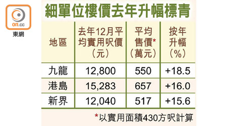 細單位樓價去年升幅標青