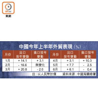 中國今年上半年外貿表現（%）