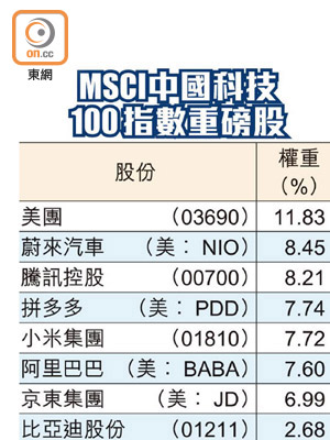 MSCI中國科技100指數重磅股